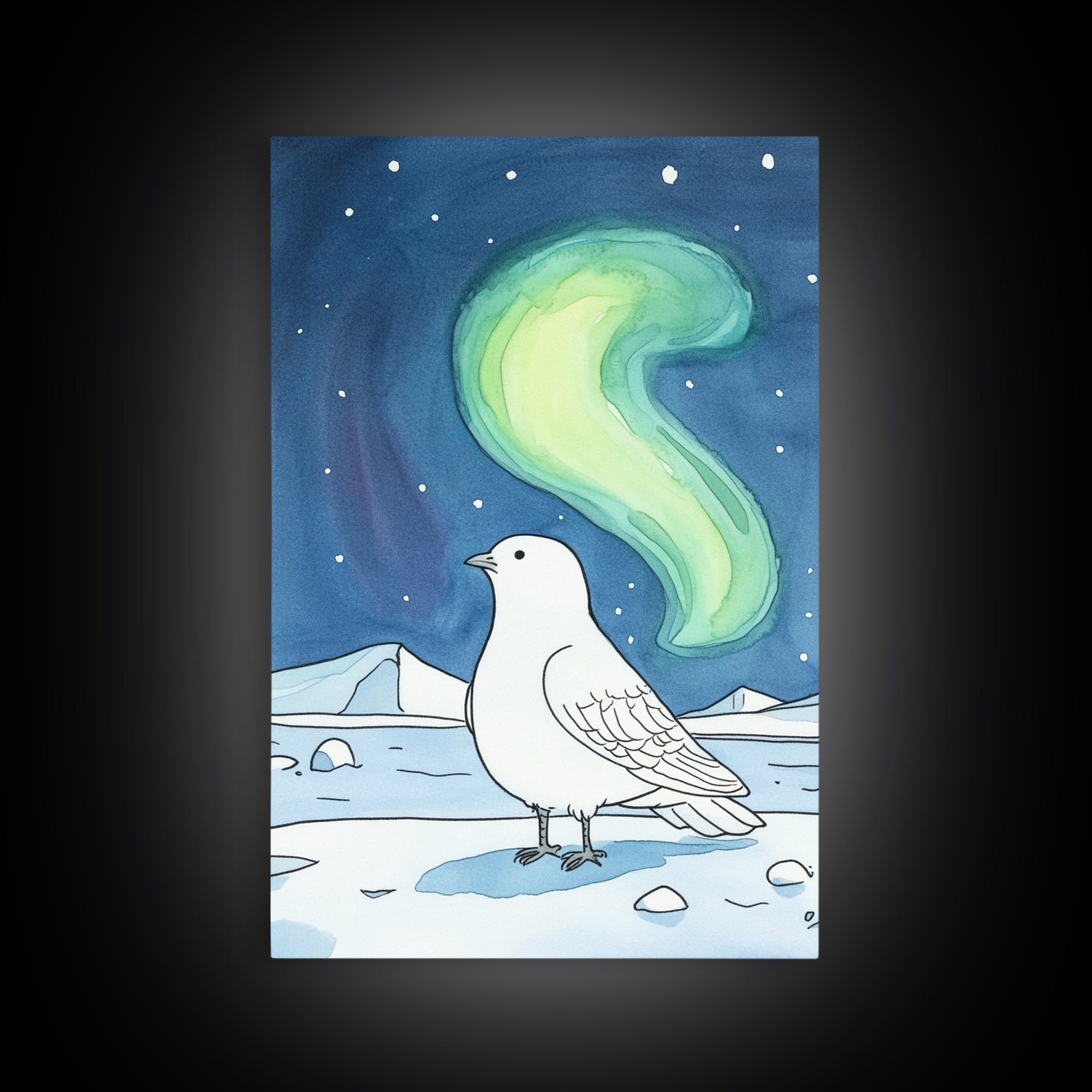 White Arctic Bird Beneath Northern Lights Wall Art, Winter Nature Decor, Celestial Bird Art Print, Peaceful Canvas Print
