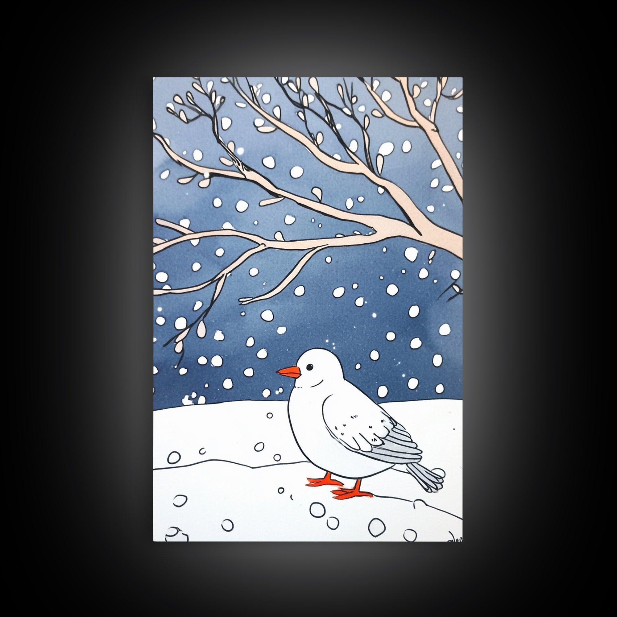 White Snow Bird Under Winter Branches Wall Art, Cozy Nature Decor, Minimalist Bird Art Print, Scandinavian Decor Canvas Print