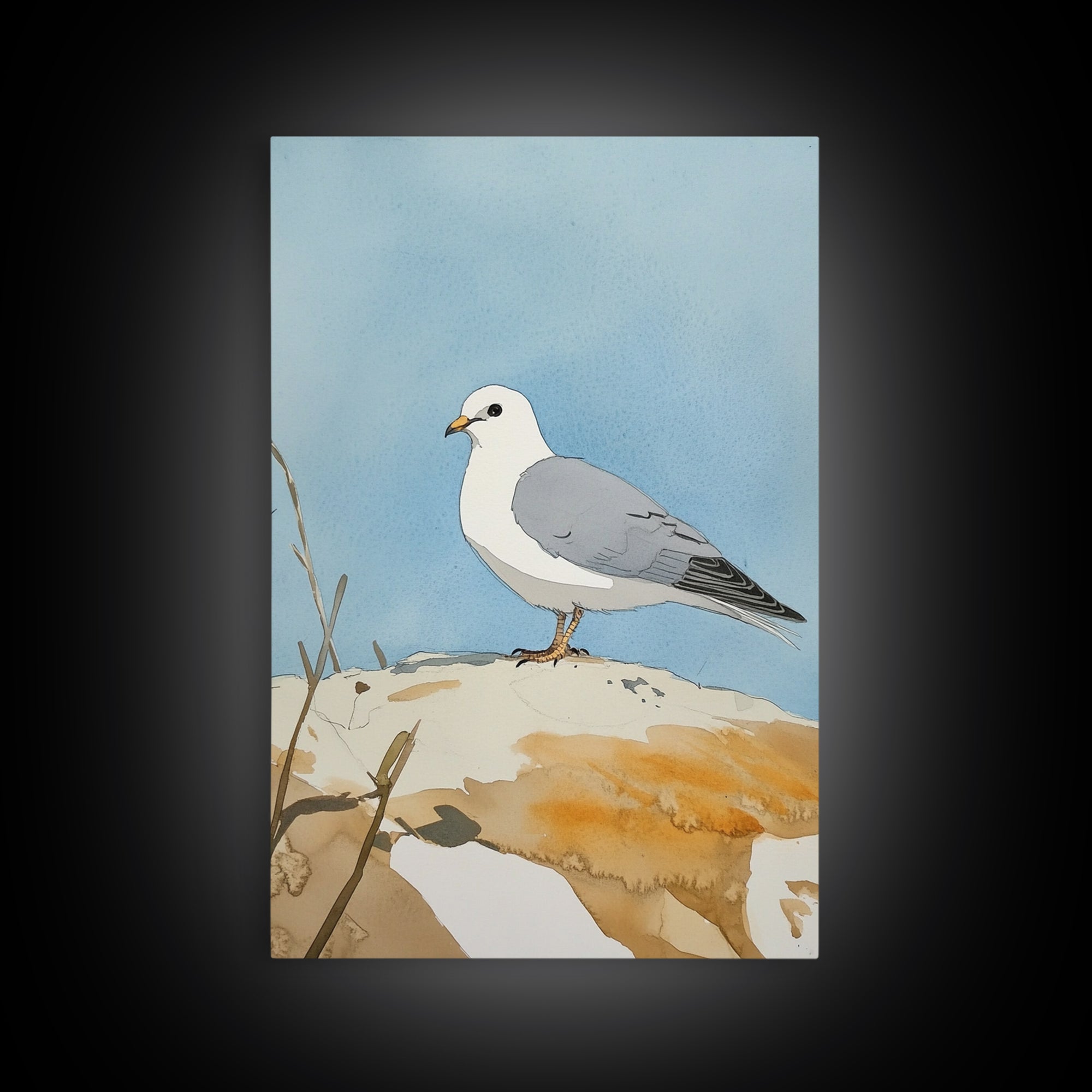 Coastal Seagull On Sunlit Rock Wall Art, Beach House Decor, Living Room Decor, Ocean Bird Art Print, Nautical Framed Canvas Print