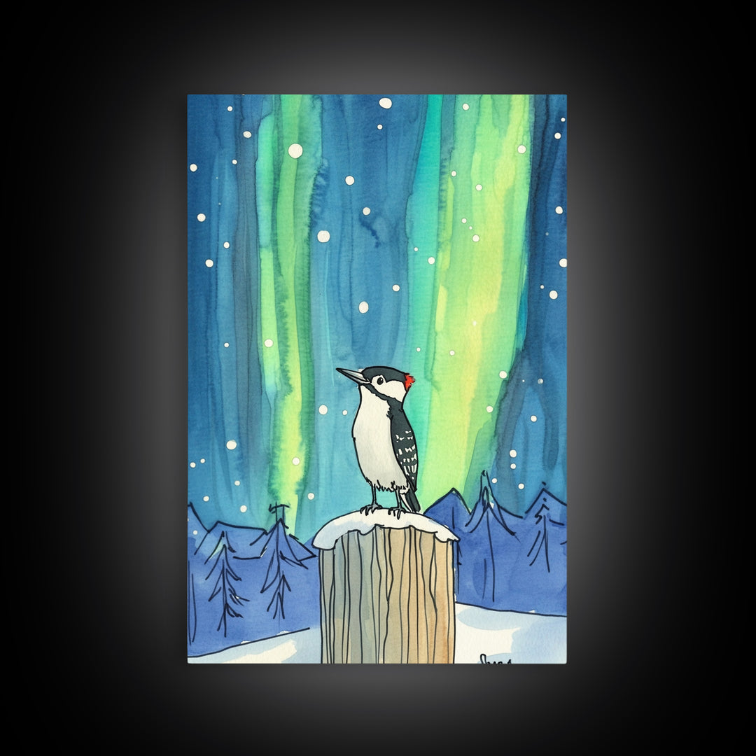 Woodpecker Under Aurora Snowy Forest Wall Art, Northern Lights Bird Art Print, Winter Nature Decor, Cozy Cabin Decor Canvas Print