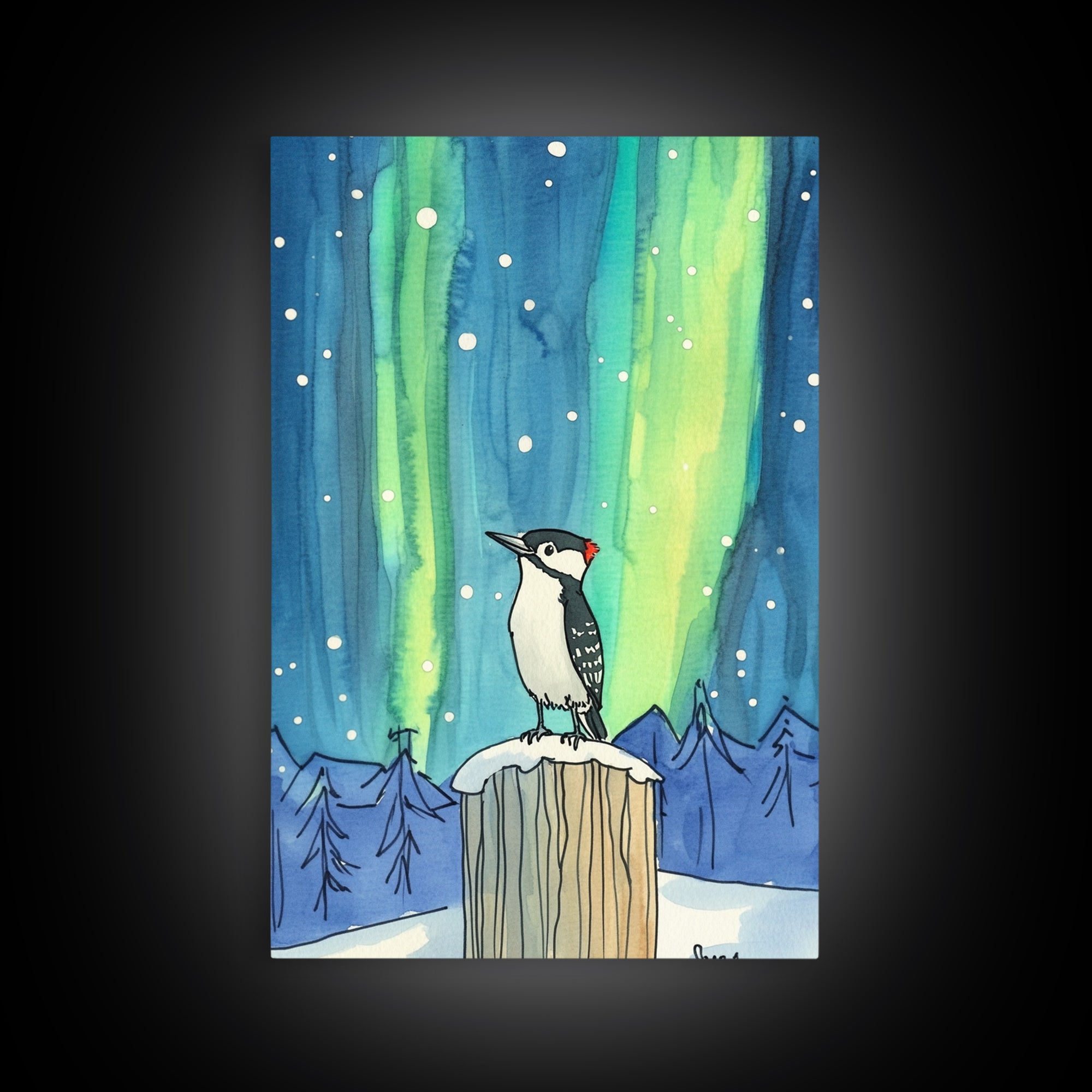Woodpecker Under Aurora Snowy Forest Wall Art, Northern Lights Bird Art Print, Winter Nature Decor, Cozy Cabin Decor Canvas Print