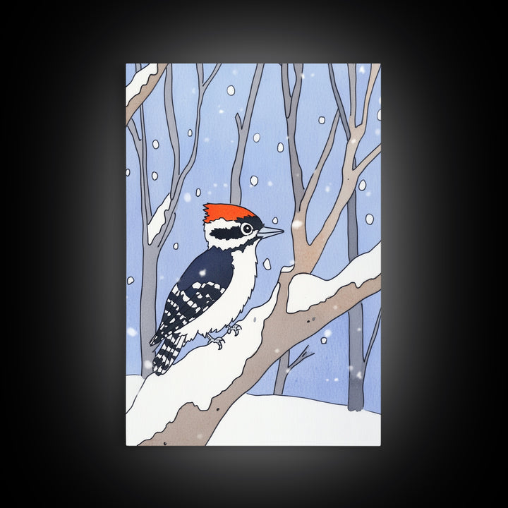 Red Capped Woodpecker In Snowy Winter Forest Wall Art, Woodland Bird Print, Nursery Decor, Rustic Cabin Decor, Nature Gift