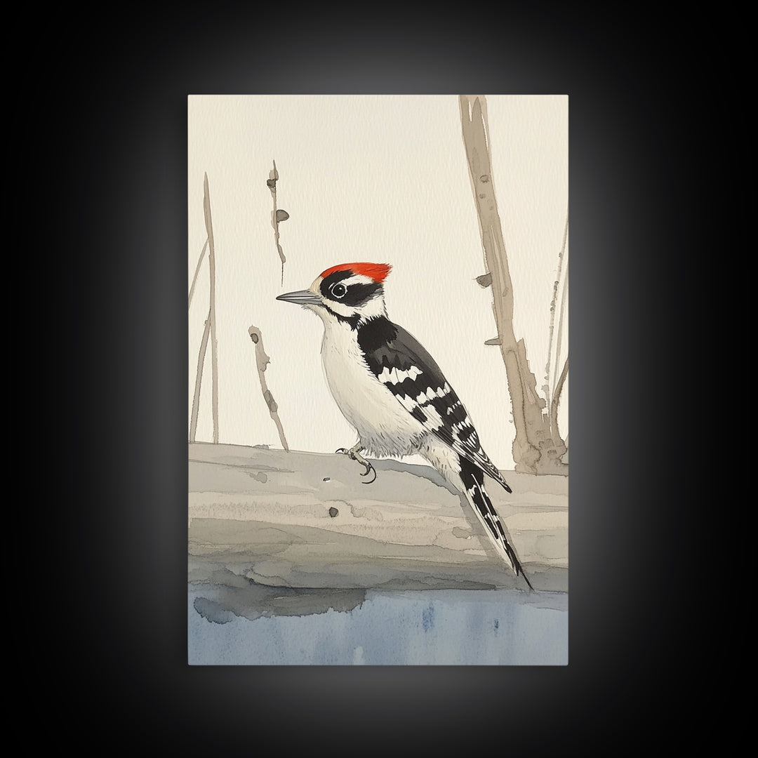 Red Crown Woodpecker On Winter Log Wall Art, Minimalist Bird Print, Woodland Nursery Decor, Rustic Nature Art, Cabin Decor