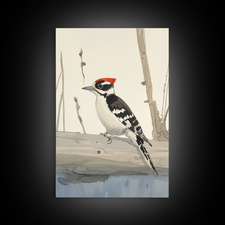 Red Crown Woodpecker On Winter Log Wall Art, Minimalist Bird Print, Woodland Nursery Decor, Rustic Nature Art, Cabin Decor