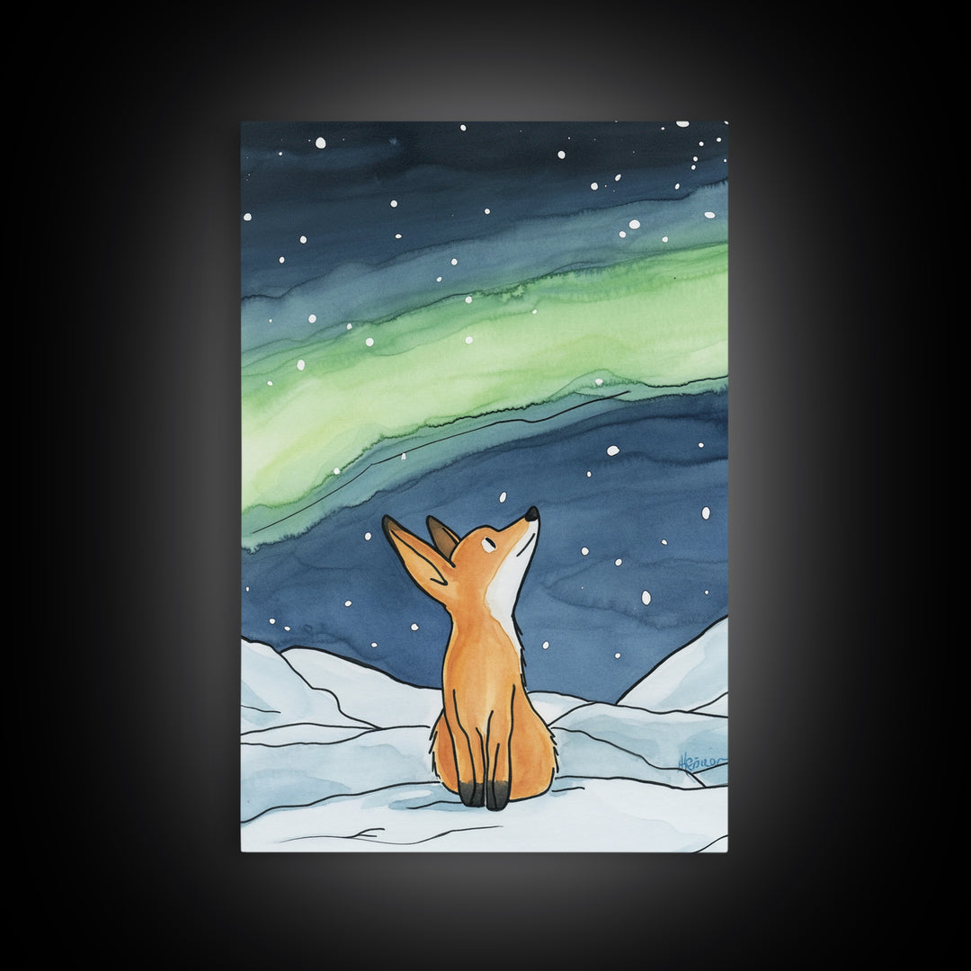 Fox Watching Northern Lights In Snow Canvas Print, Aurora Borealis Wall Art, Woodland Nursery Decor, Winter Cabin Decor, Gift