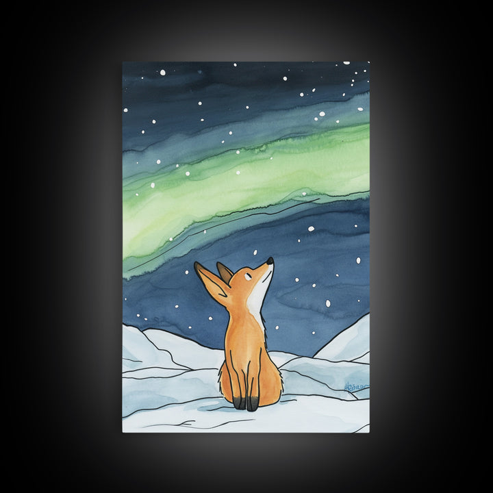 Fox Watching Northern Lights In Snow Canvas Print, Aurora Borealis Wall Art, Woodland Nursery Decor, Winter Cabin Decor, Gift