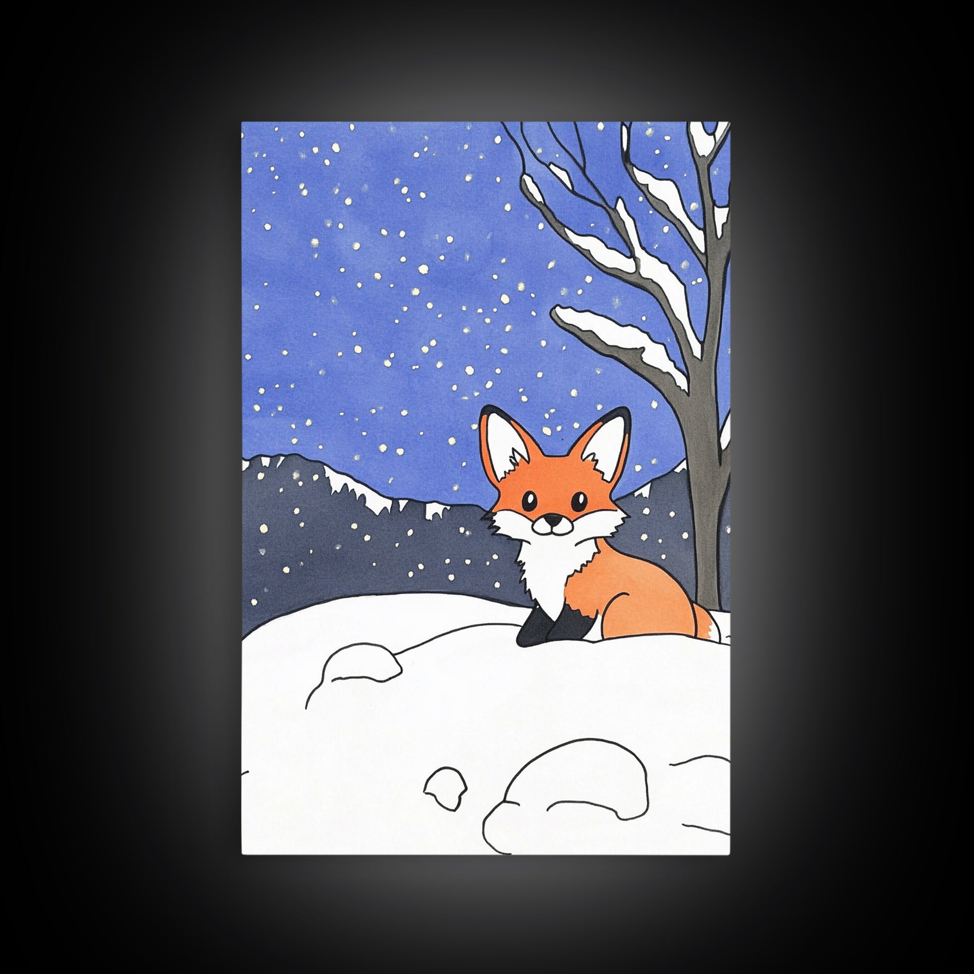 Cute Fox In Snowy Mountain Night Wall Art, Woodland Animal Print, Winter Nursery Decor, Cabin Wall Decor, Whimsical Art Print