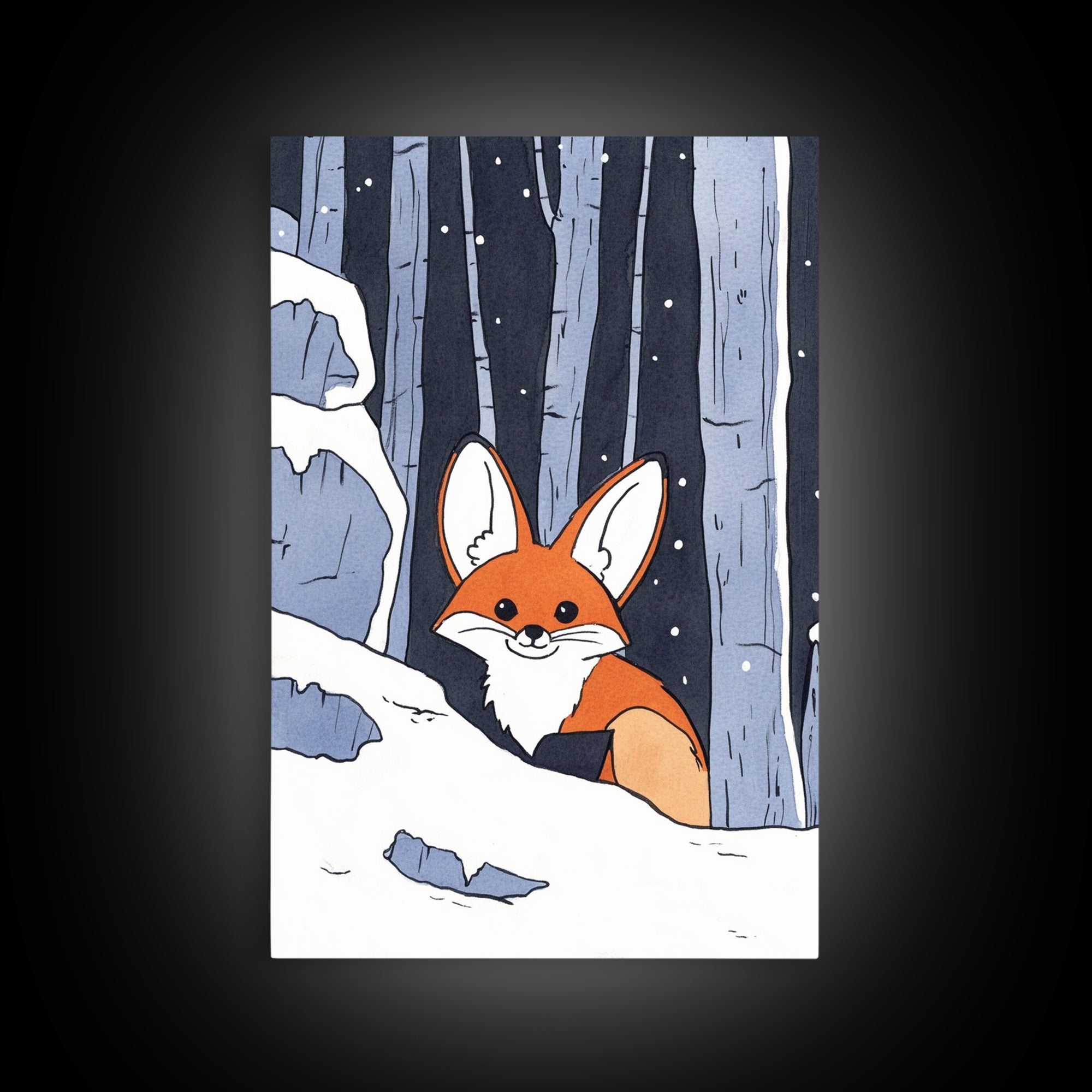 Fox Peeking From Snowy Forest Canvas Print, Woodland Animal Wall Art, Whimsical Nursery Decor, Winter Cabin Decor, Fox Art