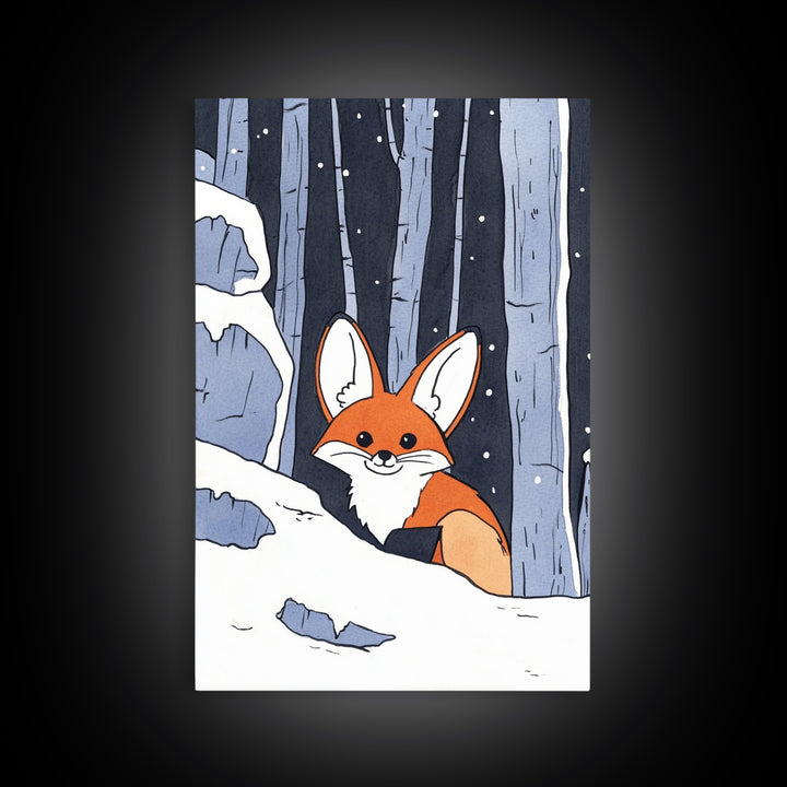 Fox Peeking From Snowy Forest Canvas Print, Woodland Animal Wall Art, Whimsical Nursery Decor, Winter Cabin Decor, Fox Art