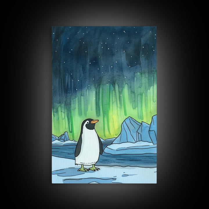 Penguin Under Northern Lights Canvas Print, Arctic Animal Wall Art, Kids Room Decor, Aurora Nursery Art, Gift For Him, Home Decor