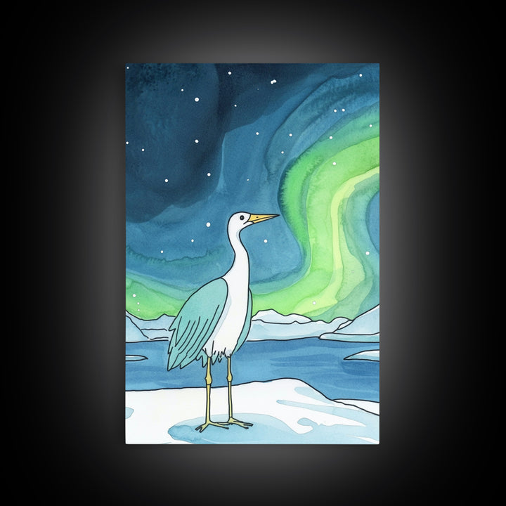 White Heron Under Northern Lights Canvas Print, Arctic Bird Wall Art, Coastal Nature Home Decor, Serene Nursery Gift For Her