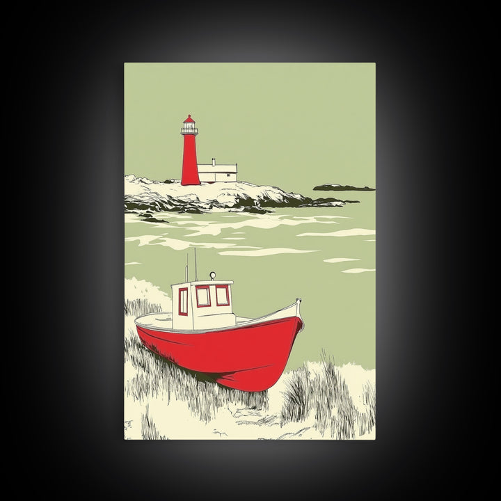 Red Fishing Boat And Lighthouse Canvas Print, Coastal Wall Art, Nautical Beach House Decor, Seascape Gift For Him, Living Room Decor