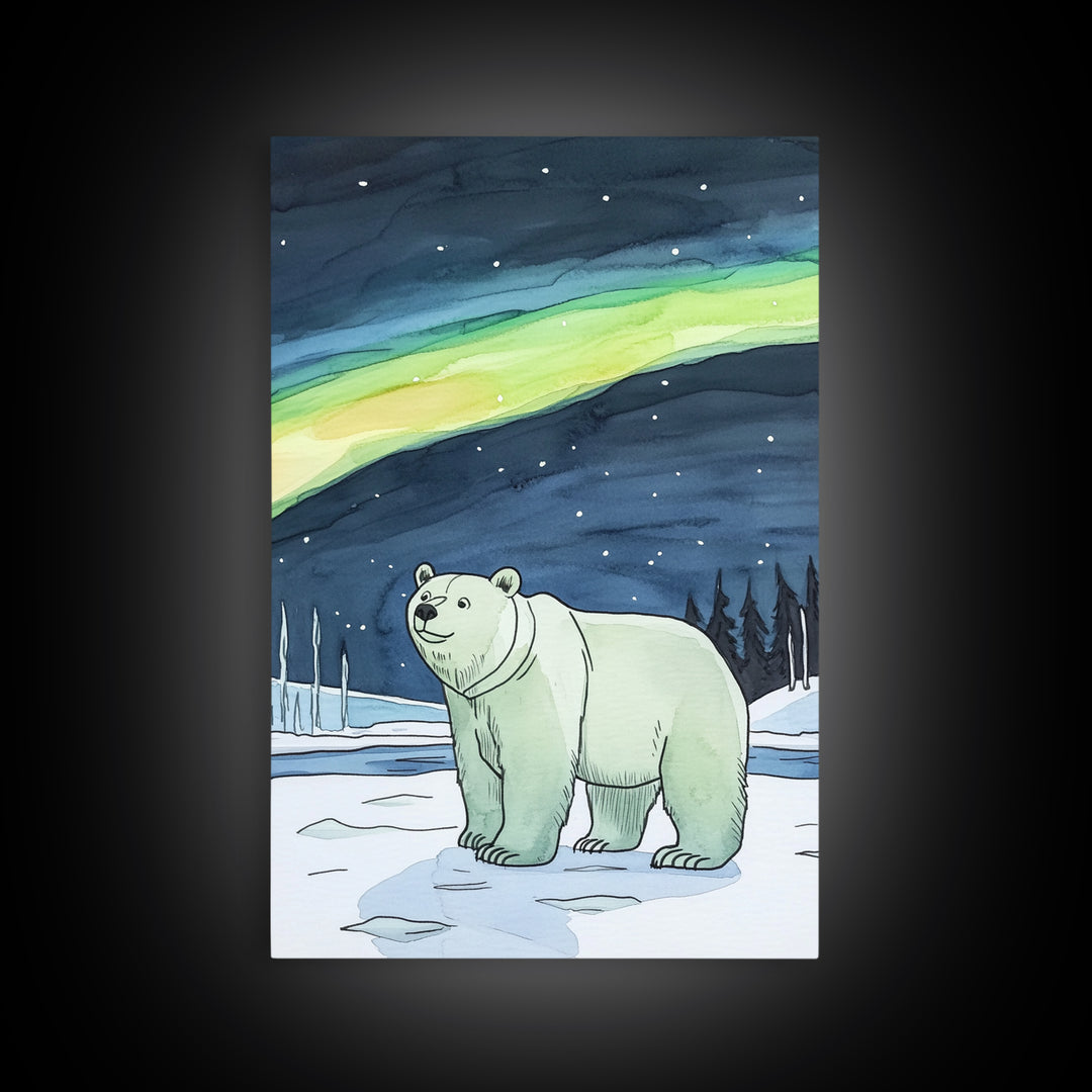 Polar Bear Under Northern Lights Wall Art, Arctic Wildlife Canvas Print, Winter Nature Decor, Nursery Gift For Kids Room