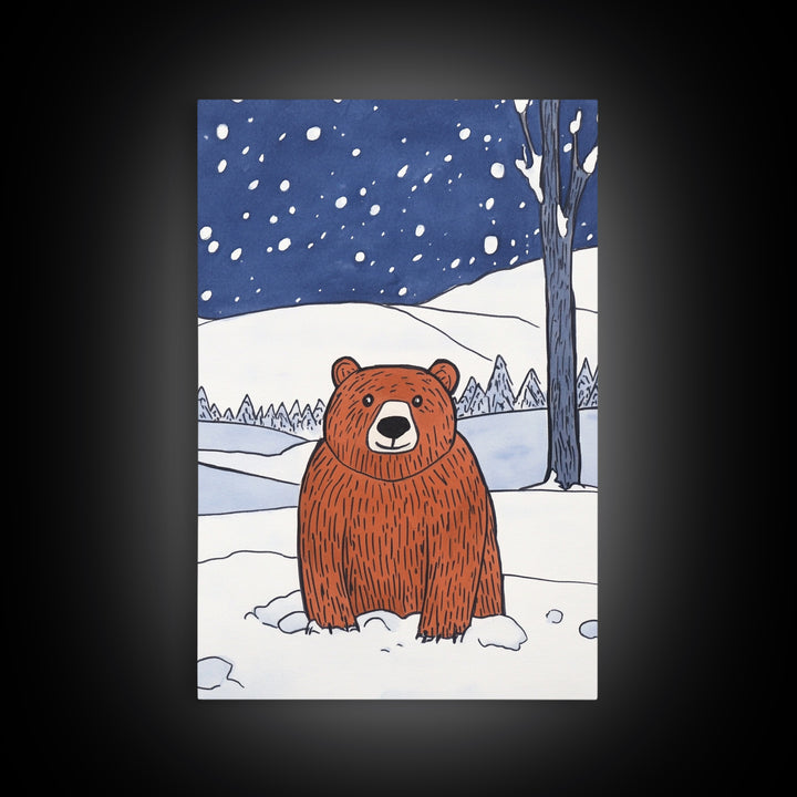 Brown Bear In Snowy Forest Wall Art, Woodland Animal Canvas Print, Rustic Nursery Decor, Winter Wildlife Gift For Kids Room Decor
