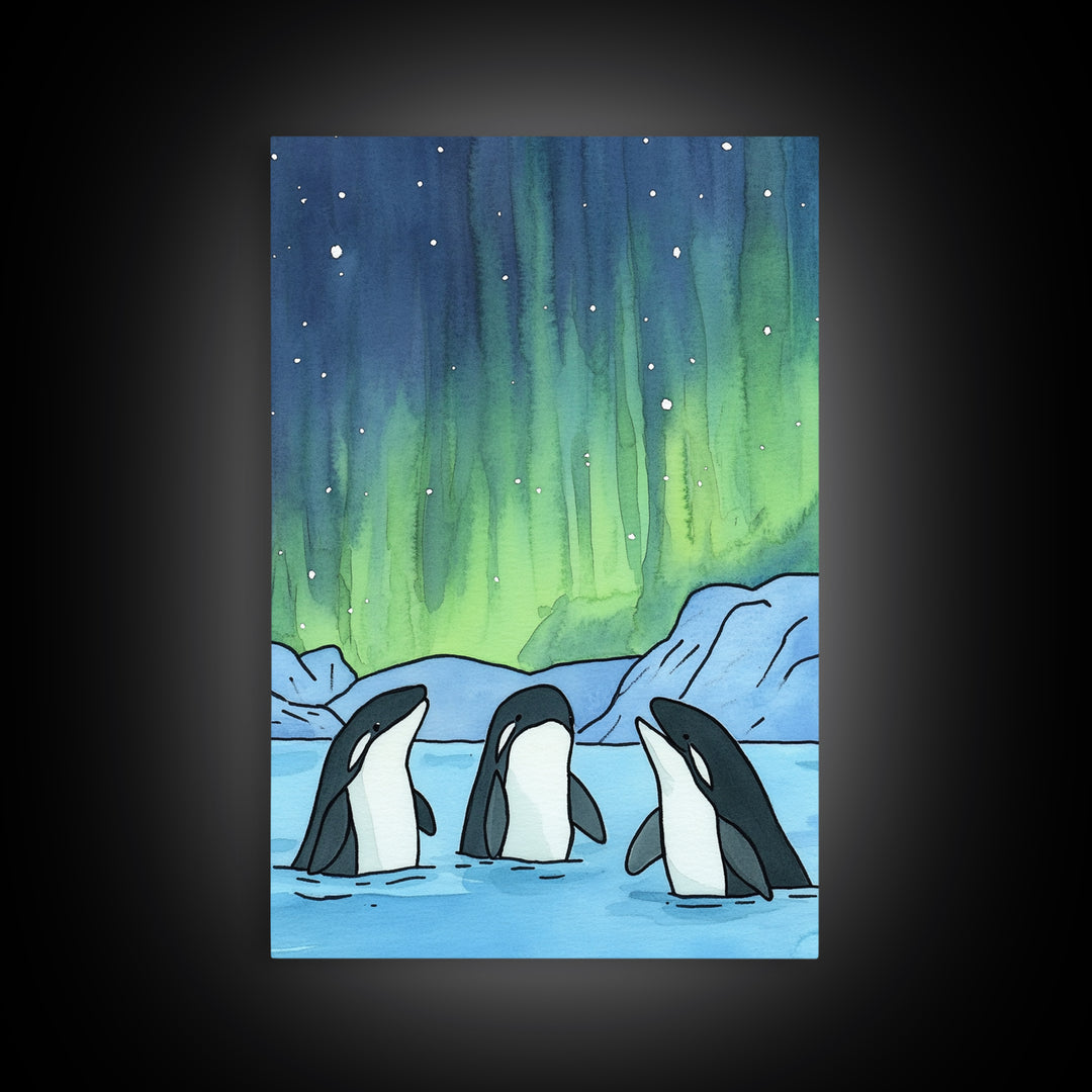 Orca Whales Under Northern Lights Wall Art, Arctic Ocean Print, Marine Life Decor, Coastal Nursery Art, Whale Lover Gift
