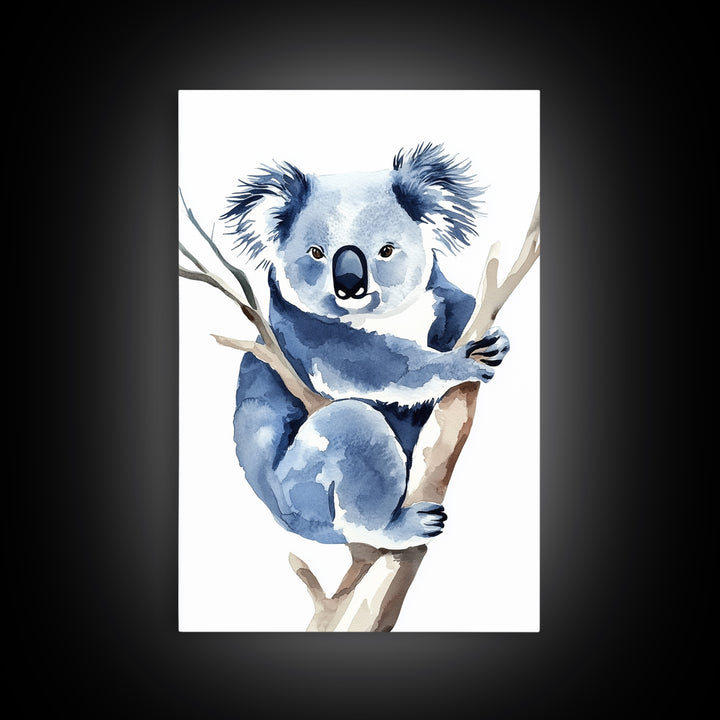 Blue Koala Climbing Eucalyptus Canvas Print, Watercolor Animal Wall Art, Nursery Decor, Kids Room Art, Wildlife Art Print