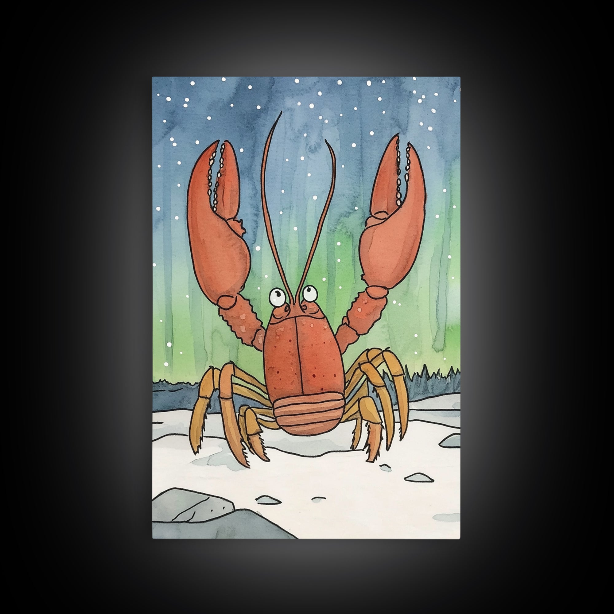 Whimsical Lobster Under Starry Sky Canvas Print, Coastal Animal Wall Art, Nautical Nursery Decor, Ocean Life Art Print, Kids Room Decor