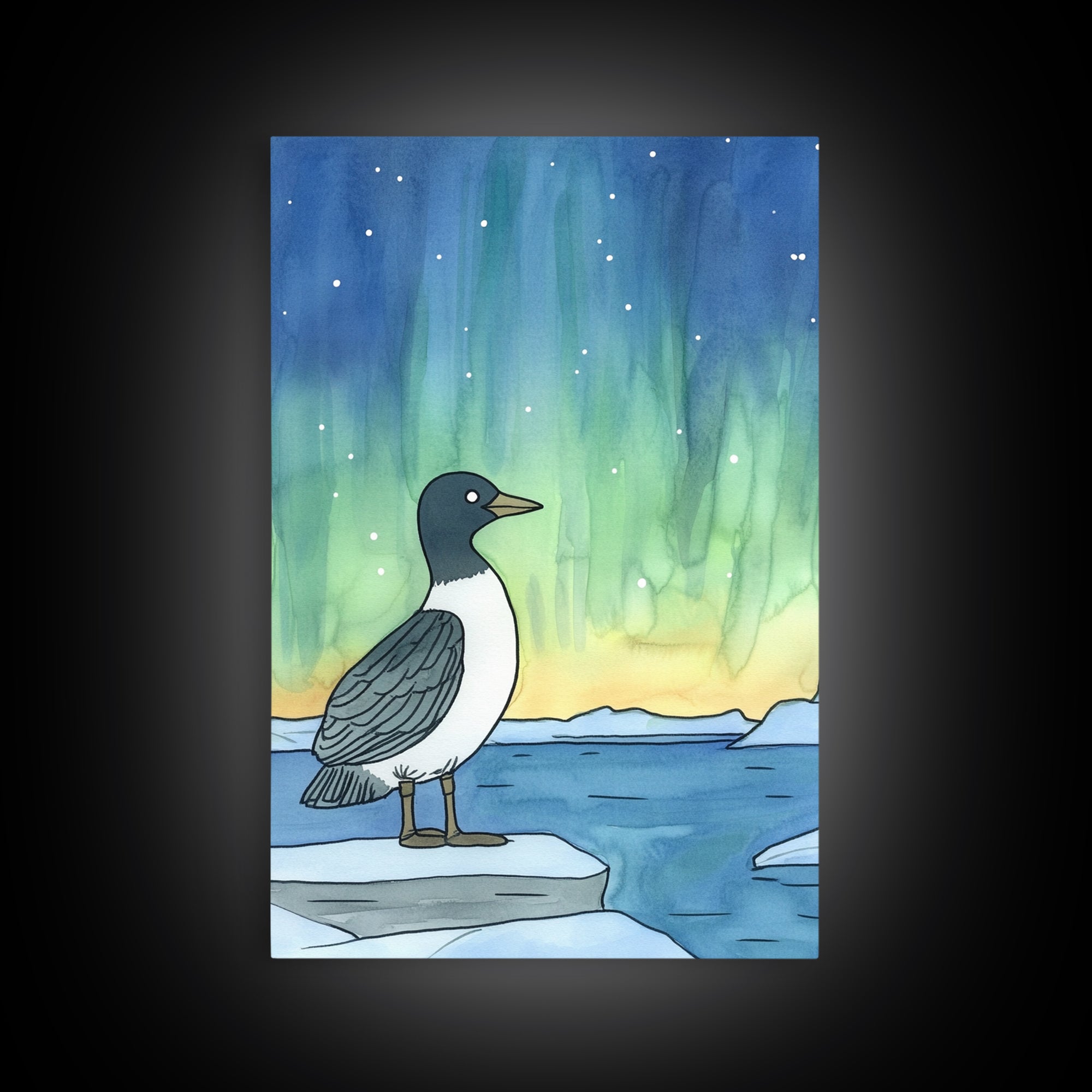 Arctic Bird Under Northern Lights Wall Art, Aurora Landscape Print, Coastal Nursery Decor, Nature Gift For Her Home Decor