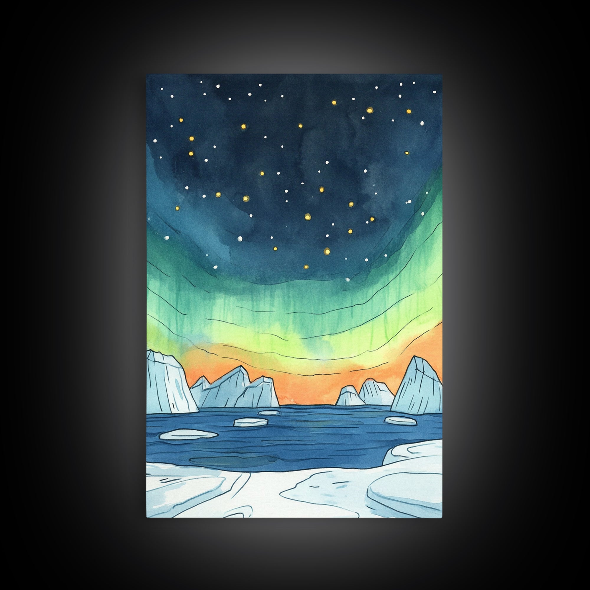Northern Lights Over Icebergs Canvas Print, Arctic Ocean Wall Art, Aurora Seascape Decor, Coastal Landscape Gift For Her
