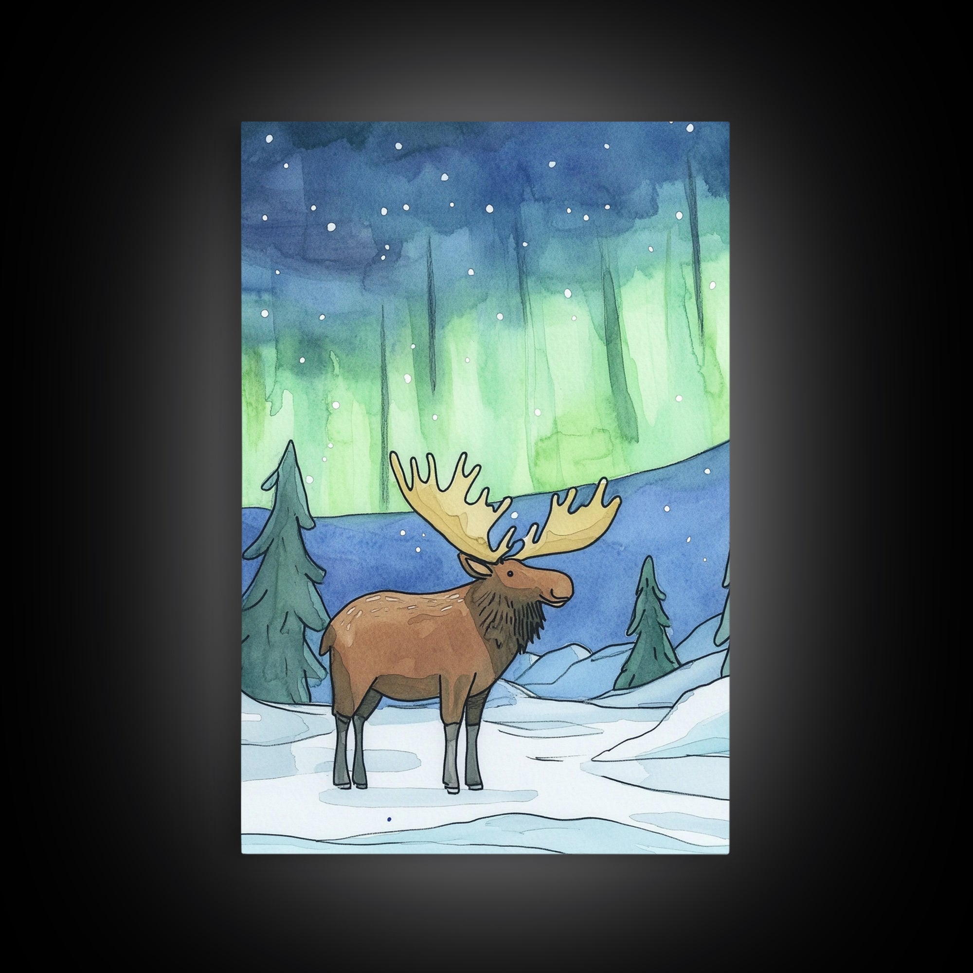Whimsical Moose Under Green Northern Lights Canvas Print, Winter Animal Wall Art For Nursery Decor And Cozy Cabin Decor Gift