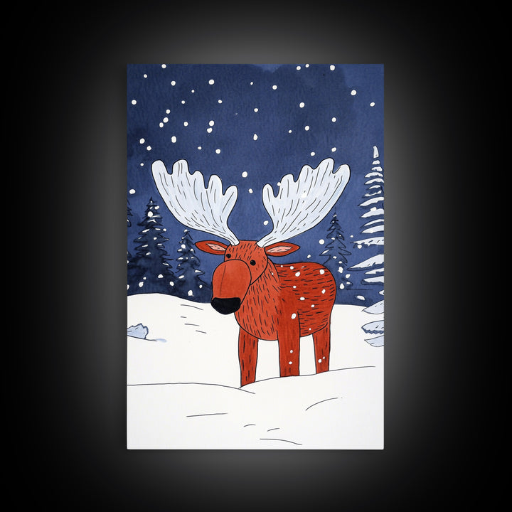 Red Whimsical Moose In Snowy Forest Canvas Print, Cute Animal Wall Art For Kids Room Decor And Nordic Winter Decor Gift Print