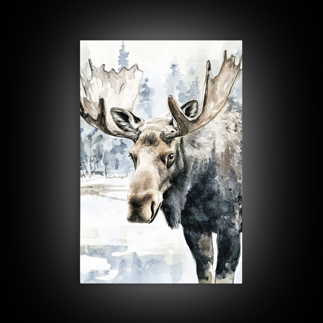 Realistic Moose Portrait In Snowy Pines Framed Canvas Print, Wildlife Wall Art For Rustic Cabin Decor And Nature Lover Gift
