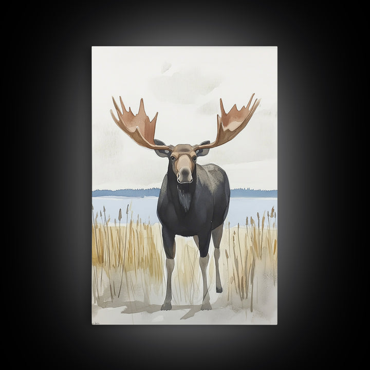Standing Moose By Quiet Lake Canvas Print, Rustic Wildlife Wall Art For Cabin Decor, Nature Wall Art, And Housewarming Gift