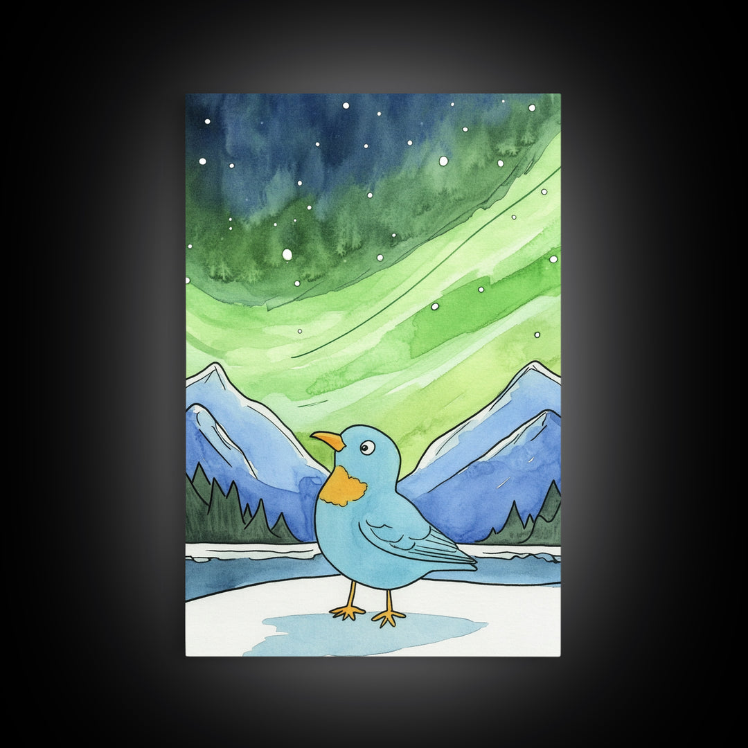 Blue Bird Beneath Green Aurora Canvas Print, Whimsical Animal Wall Art For Nursery Decor, Mountain Art, And Kids Room Decor