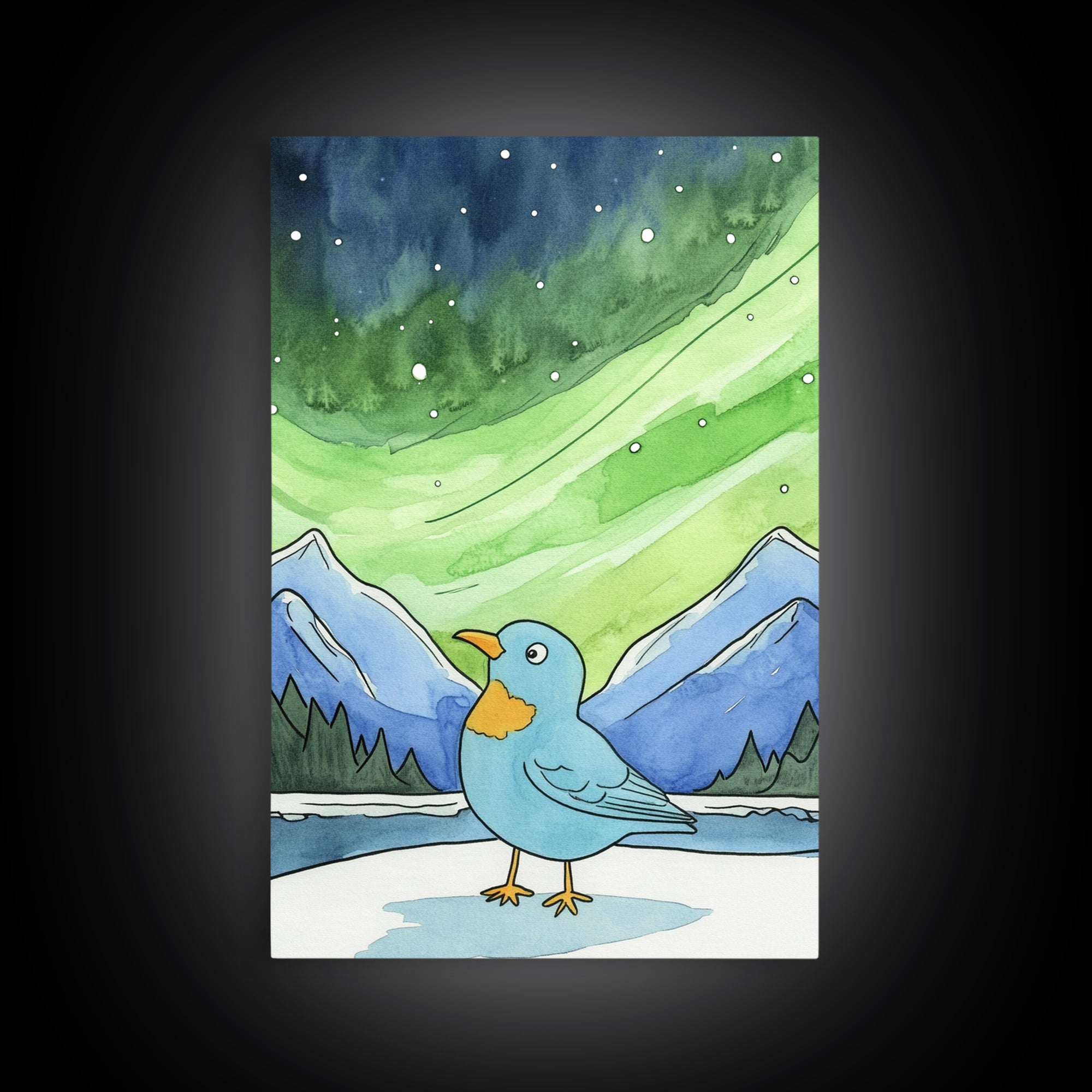 Blue Bird Beneath Green Aurora Canvas Print, Whimsical Animal Wall Art For Nursery Decor, Mountain Art, And Kids Room Decor