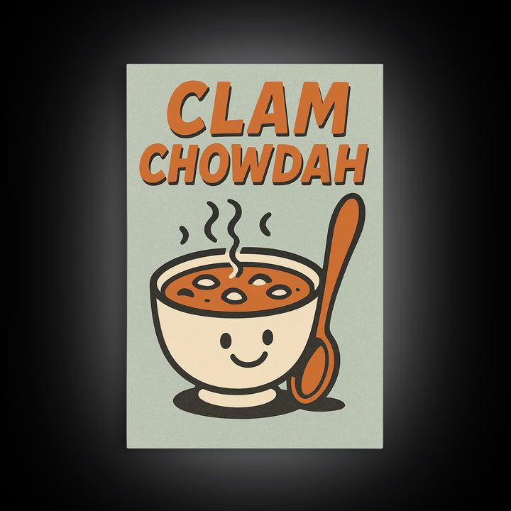 Cute Clam Chowdah Soup Bowl Wall Art, Funny Kitchen Art Print, Retro Food Poster, New England Coastal Home Decor Gift Idea