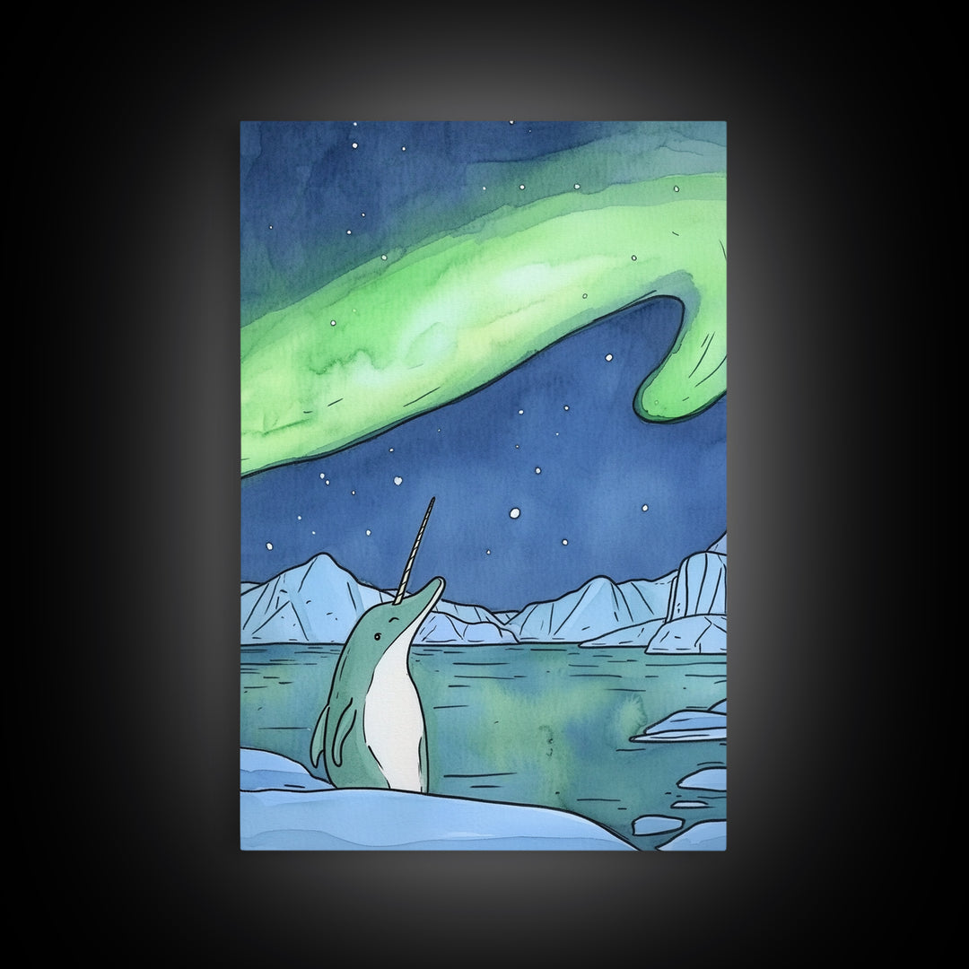 Whimsical Narwhal Under Northern Lights Canvas Print, Arctic Ocean Animal Wall Art, Nursery Decor And Kids Room Gift For Her