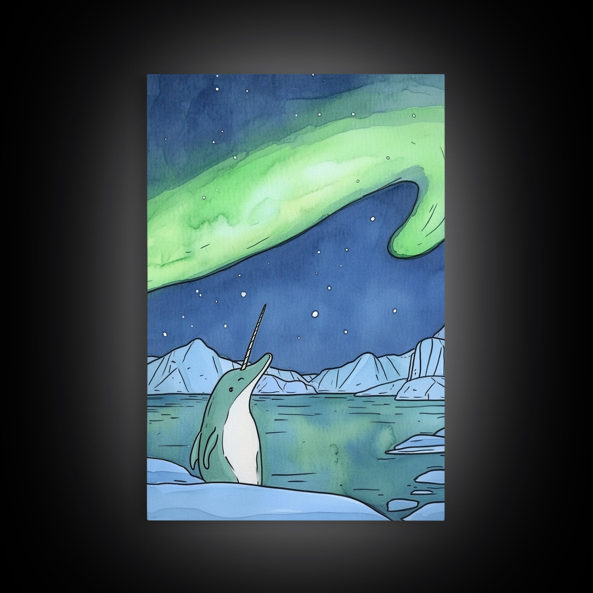 Whimsical Narwhal Under Northern Lights Canvas Print, Arctic Ocean Animal Wall Art, Nursery Decor And Kids Room Gift For Her