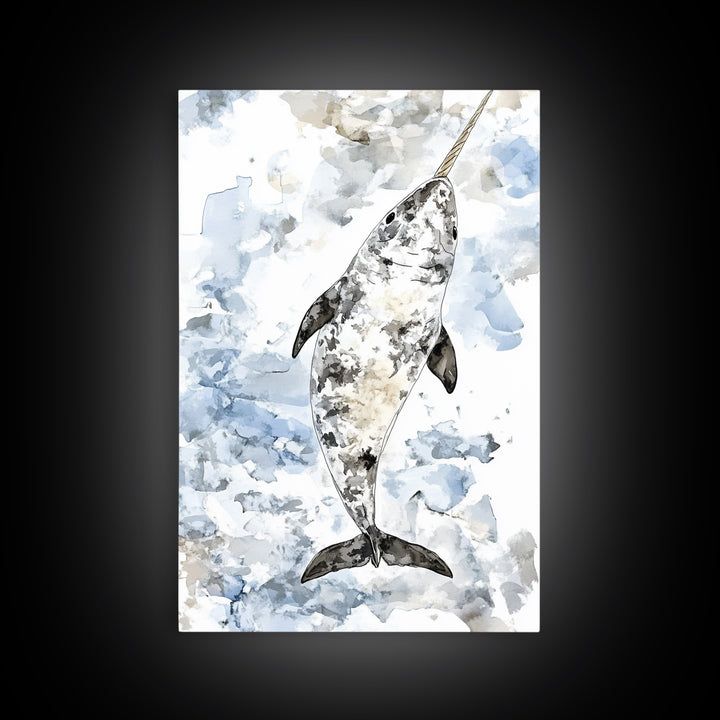 Speckled Narwhal Whale Watercolor Framed Canvas Print, Marine Life Wall Art, Ocean Animal Nursery Decor And Coastal Gift