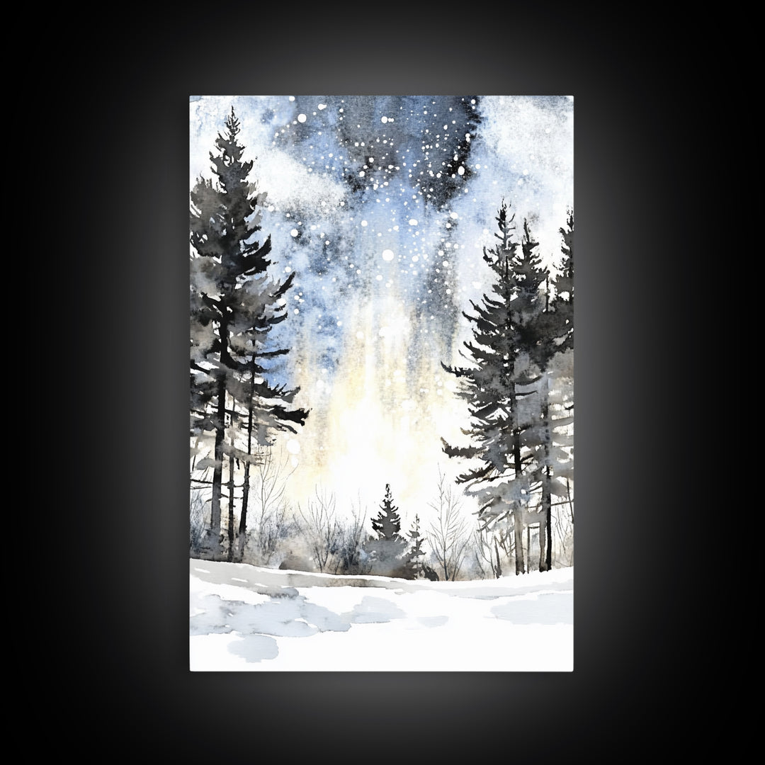 Snowy Night Pine Forest Framed Canvas Print, Winter Landscape Wall Art, Moody Nature Decor For Cabin Living Room Gift Idea