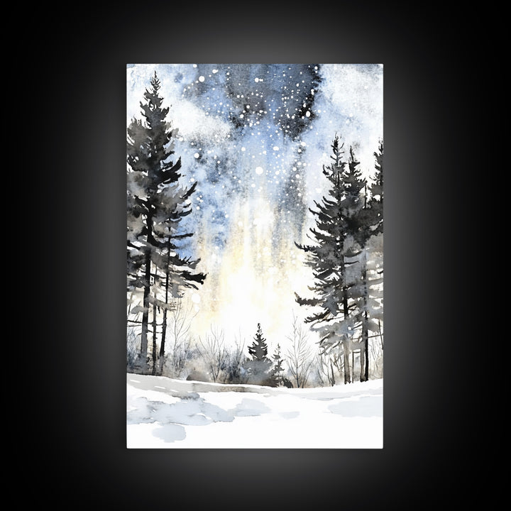 Snowy Night Pine Forest Framed Canvas Print, Winter Landscape Wall Art, Moody Nature Decor For Cabin Living Room Gift Idea
