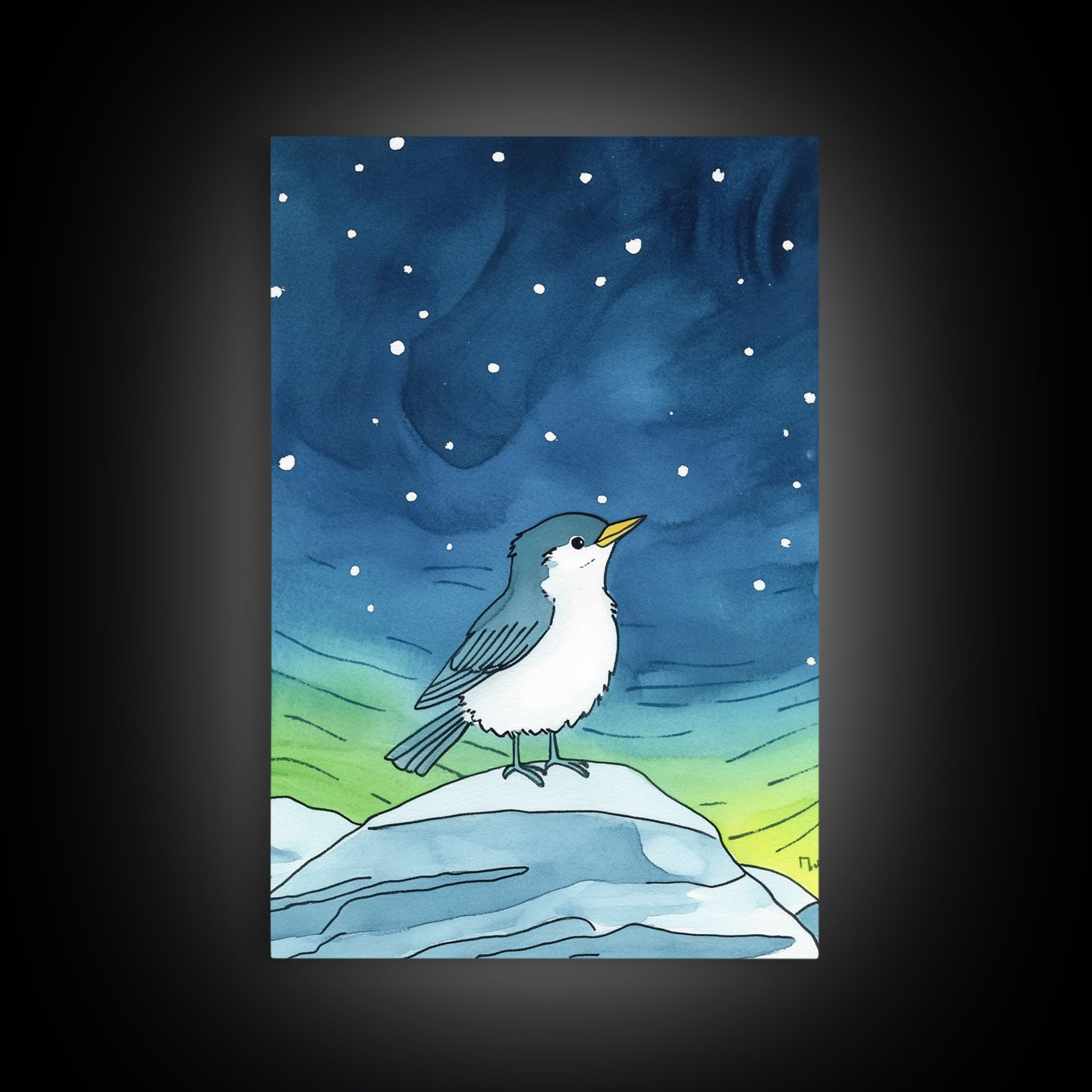 Cute Arctic Bird On Ice Under Aurora Canvas Print, Whimsical Animal Wall Art, Nursery Decor And Kids Room Decor Gift For Bird Lover