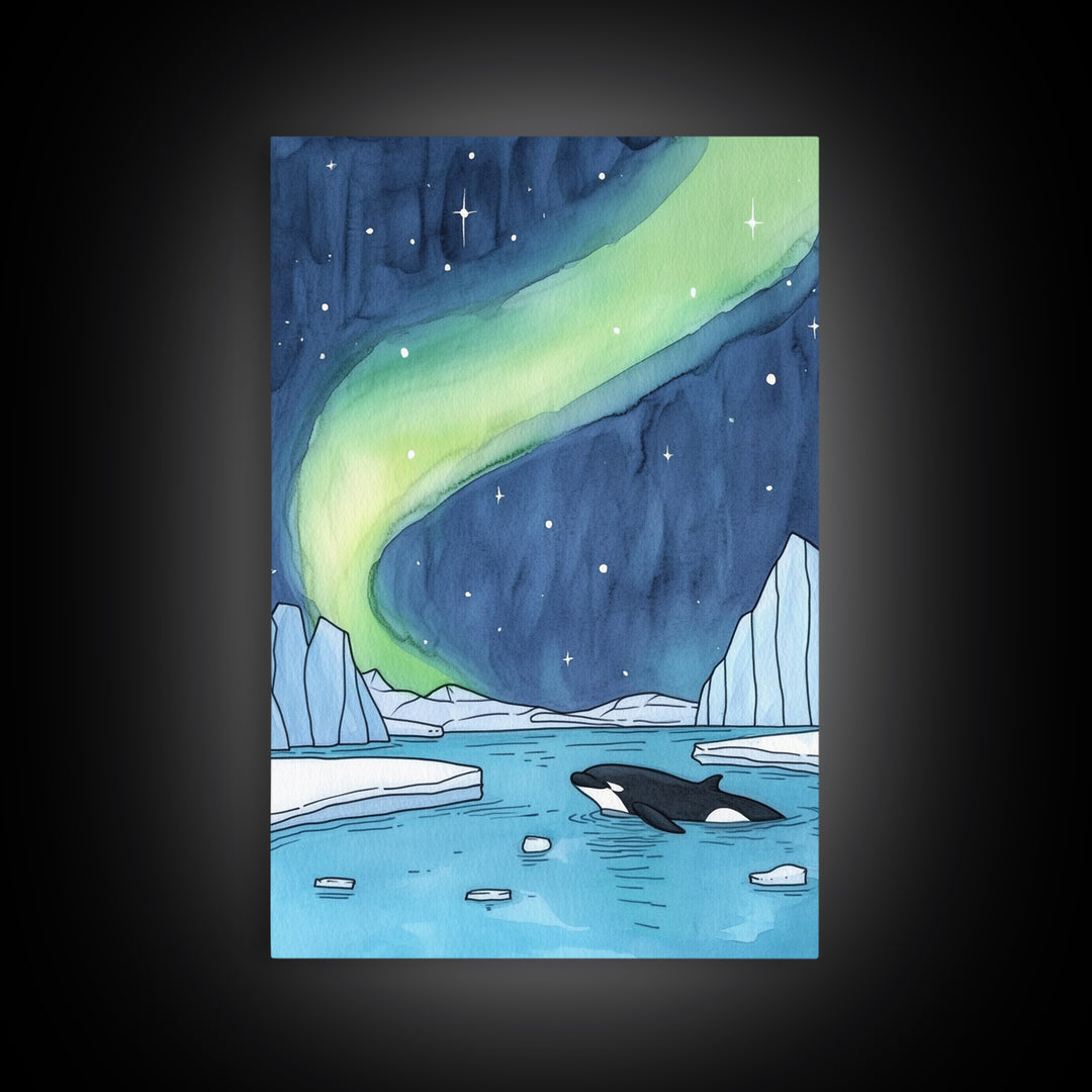 Northern Lights Orca Wall Art, Arctic Ocean Canvas Print, Celestial Coastal Decor, Whale Wildlife Art For Nursery Room Decor