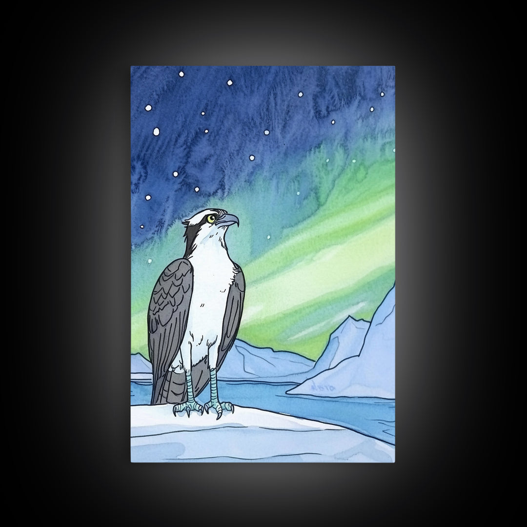 Osprey Under Northern Lights Wall Art, Arctic Bird Canvas Print, Celestial Nature Decor, Wildlife Art For Cabin Or Office