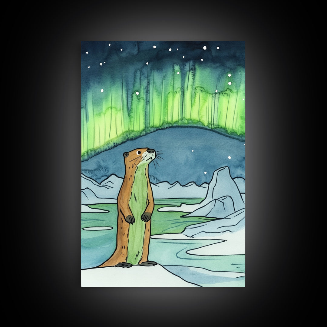 Curious Otter Under Green Aurora Wall Art, Arctic Animal Print, Northern Lights Decor, Whimsical Nursery And Kids Room Art