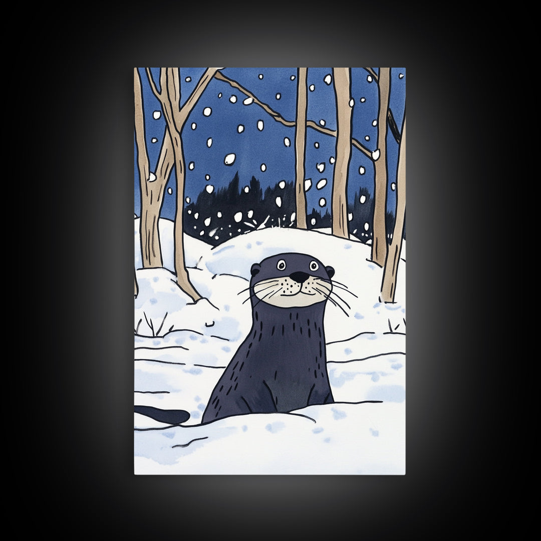 Snowy Forest Otter Wall Art, Winter Animal Print, Whimsical Wildlife Decor, Woodland Nursery Art And Cozy Cabin Decor Gift