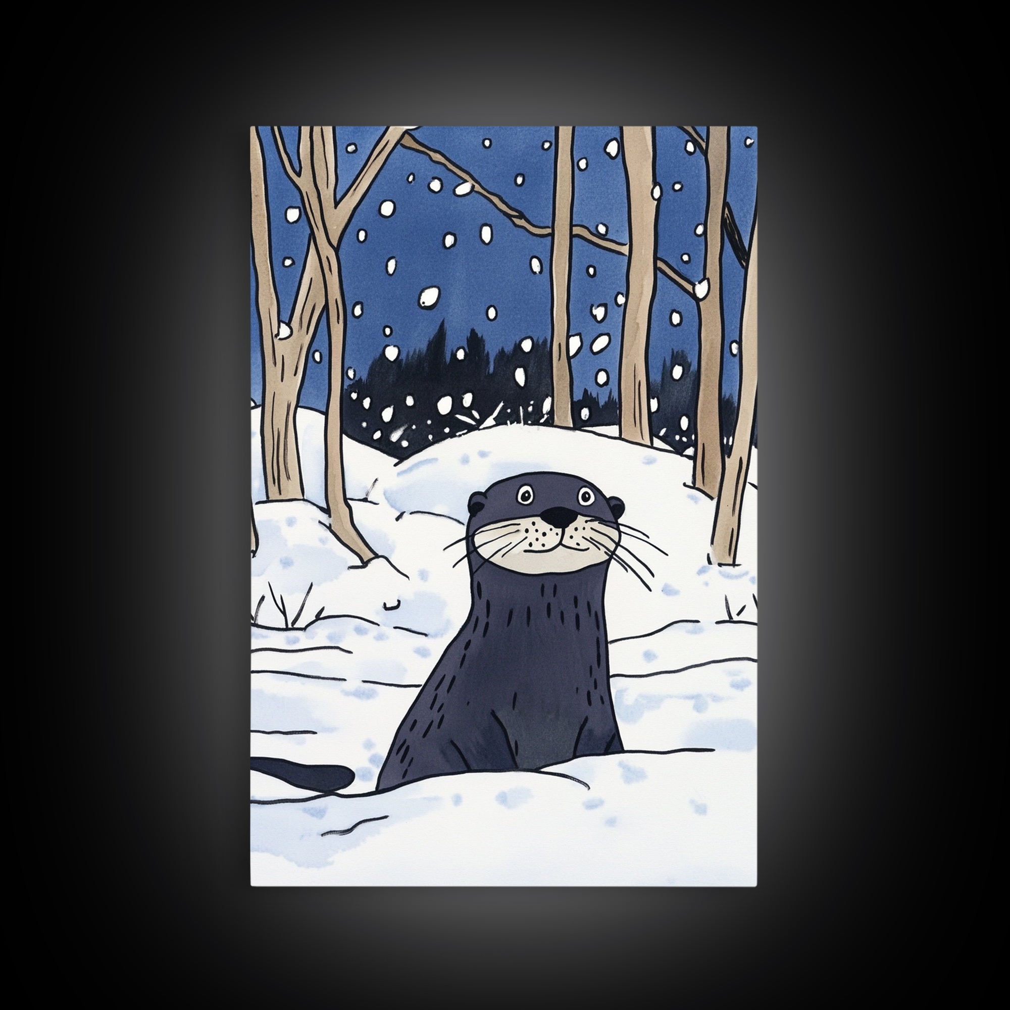 Snowy Forest Otter Wall Art, Winter Animal Print, Whimsical Wildlife Decor, Woodland Nursery Art And Cozy Cabin Decor Gift