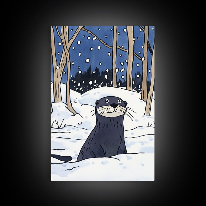 Snowy Forest Otter Wall Art, Winter Animal Print, Whimsical Wildlife Decor, Woodland Nursery Art And Cozy Cabin Decor Gift