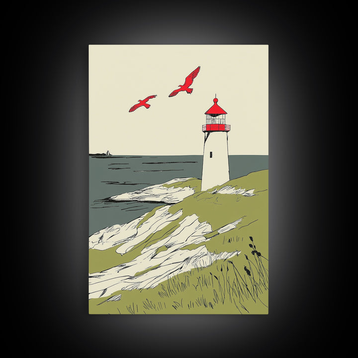 Coastal Lighthouse With Red Birds Wall Art, Nautical Print, Beach House Decor, Seaside Landscape Art And Ocean Wall Decor