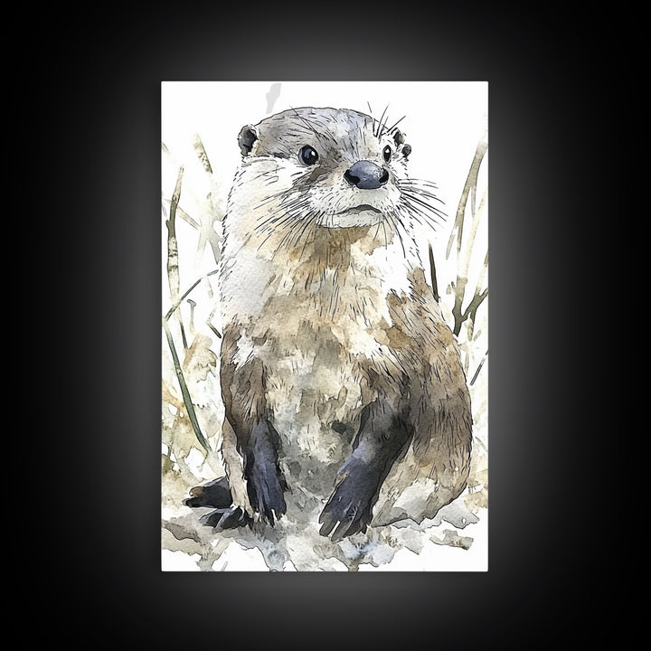 Neutral Watercolor Otter Framed Canvas Print, Wildlife Wall Art, Woodland Animal Decor, Nature Art Print And Housewarming Gift