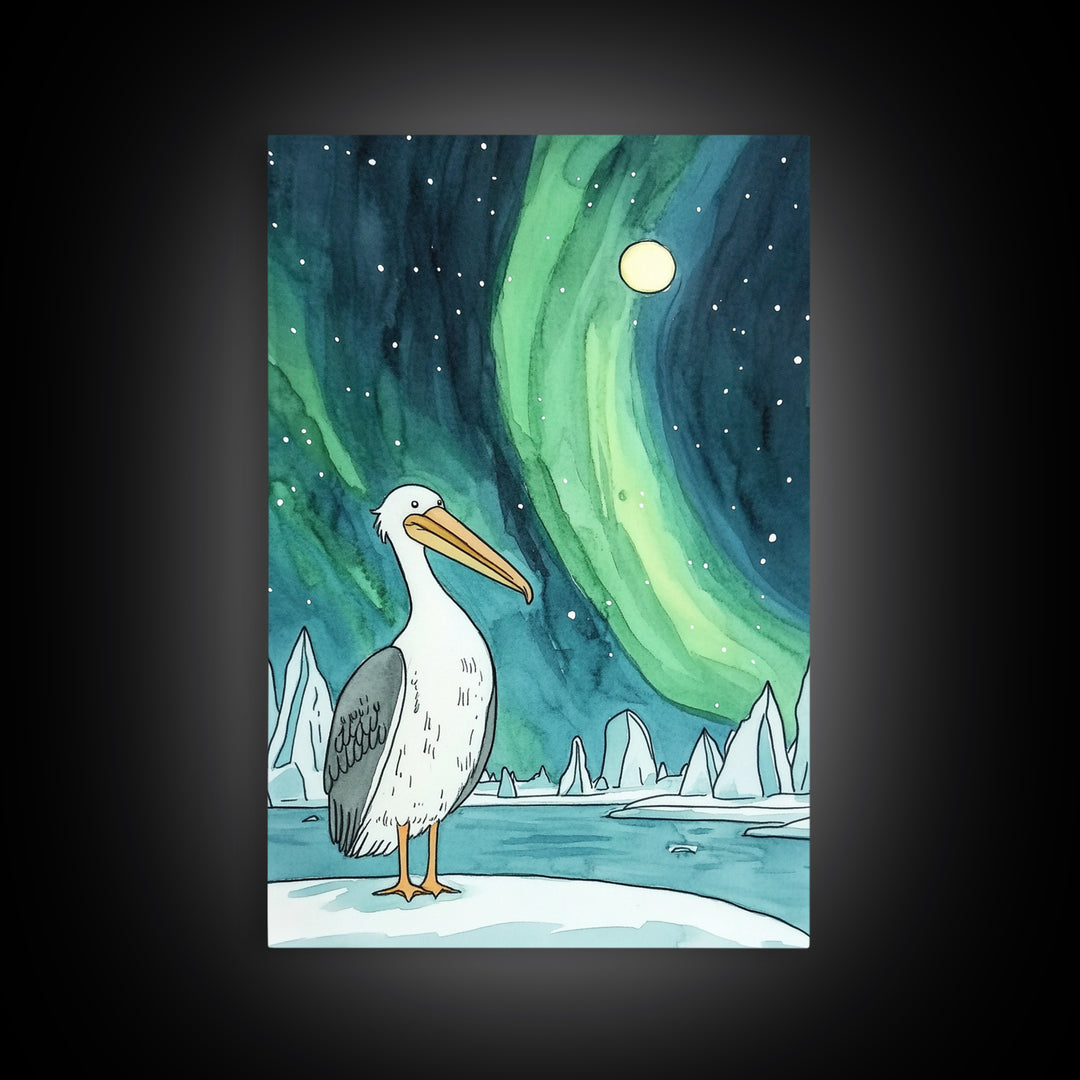 Pelican Under Green Aurora Canvas Print, Northern Lights Wall Art, Arctic Coastal Decor, Bird Lover Gift And Nursery Art