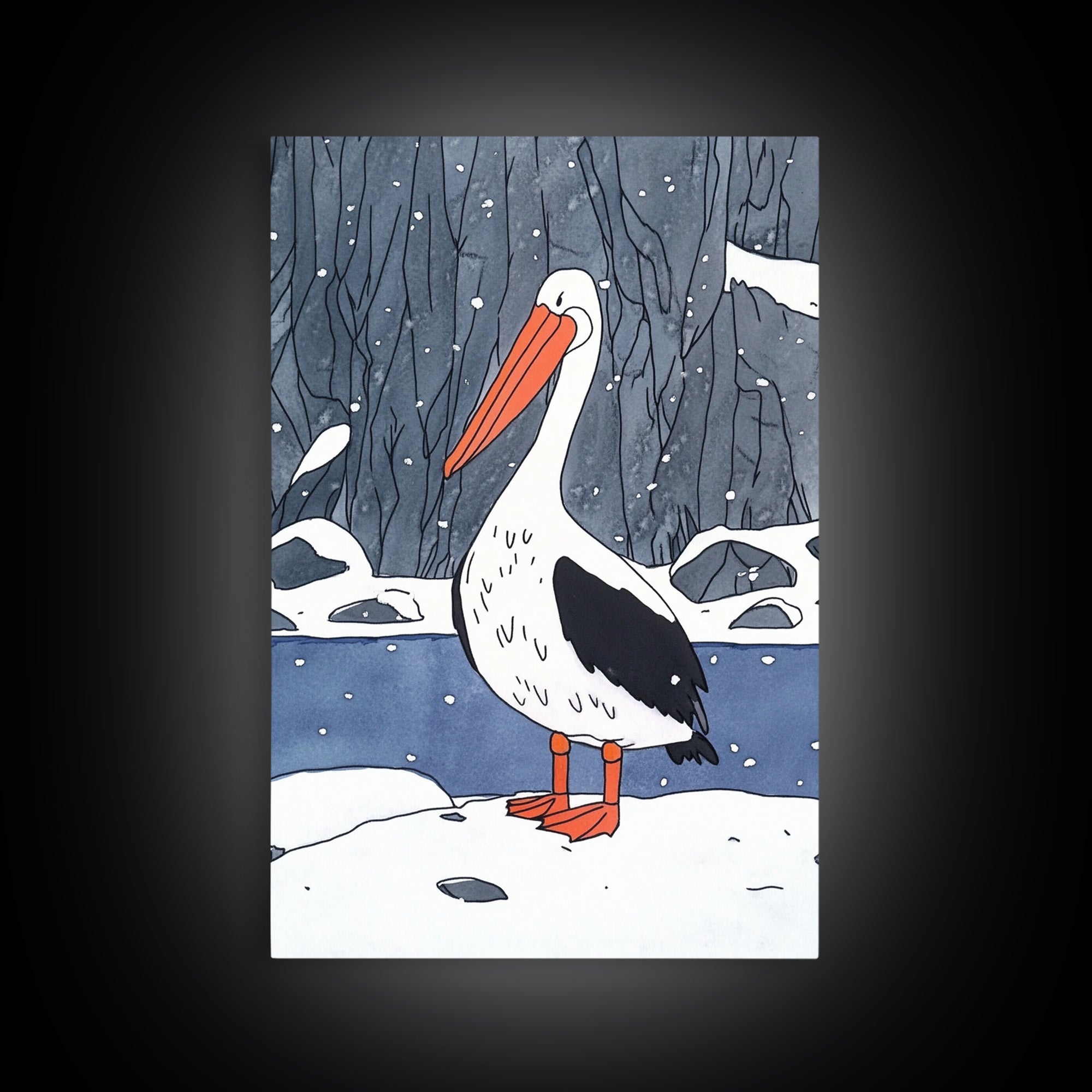 Snowy Pelican In Winter Woods Wall Art, Whimsical Bird Print, Wildlife Decor, Kids Room Art And Cozy Cabin Wall Decor Gift