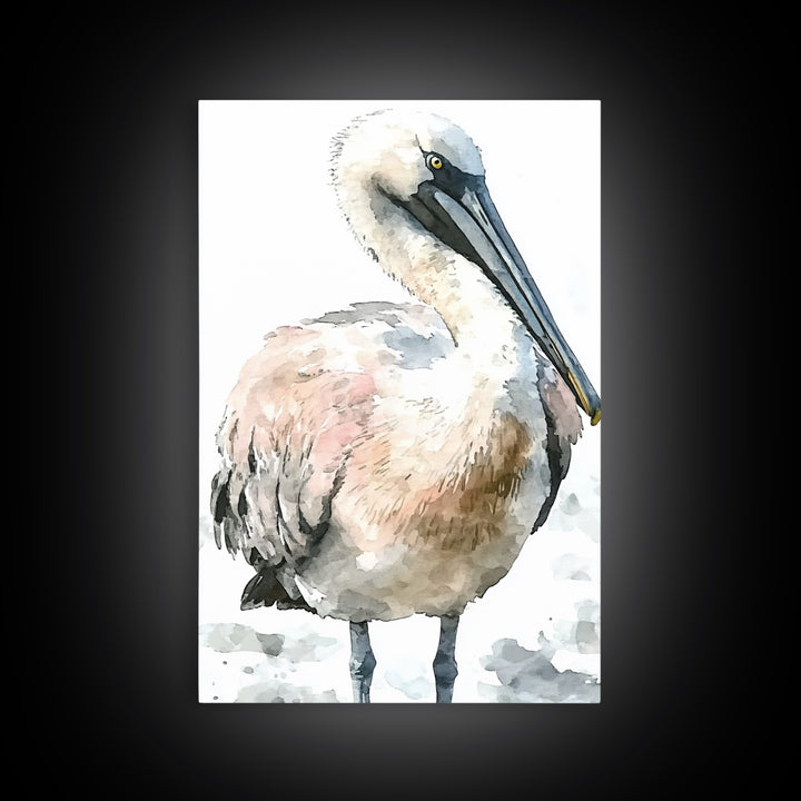 Soft Watercolor Pelican Framed Canvas Print, Coastal Bird Wall Art, Nautical Decor, Ocean Animal Print And Beach House Gift