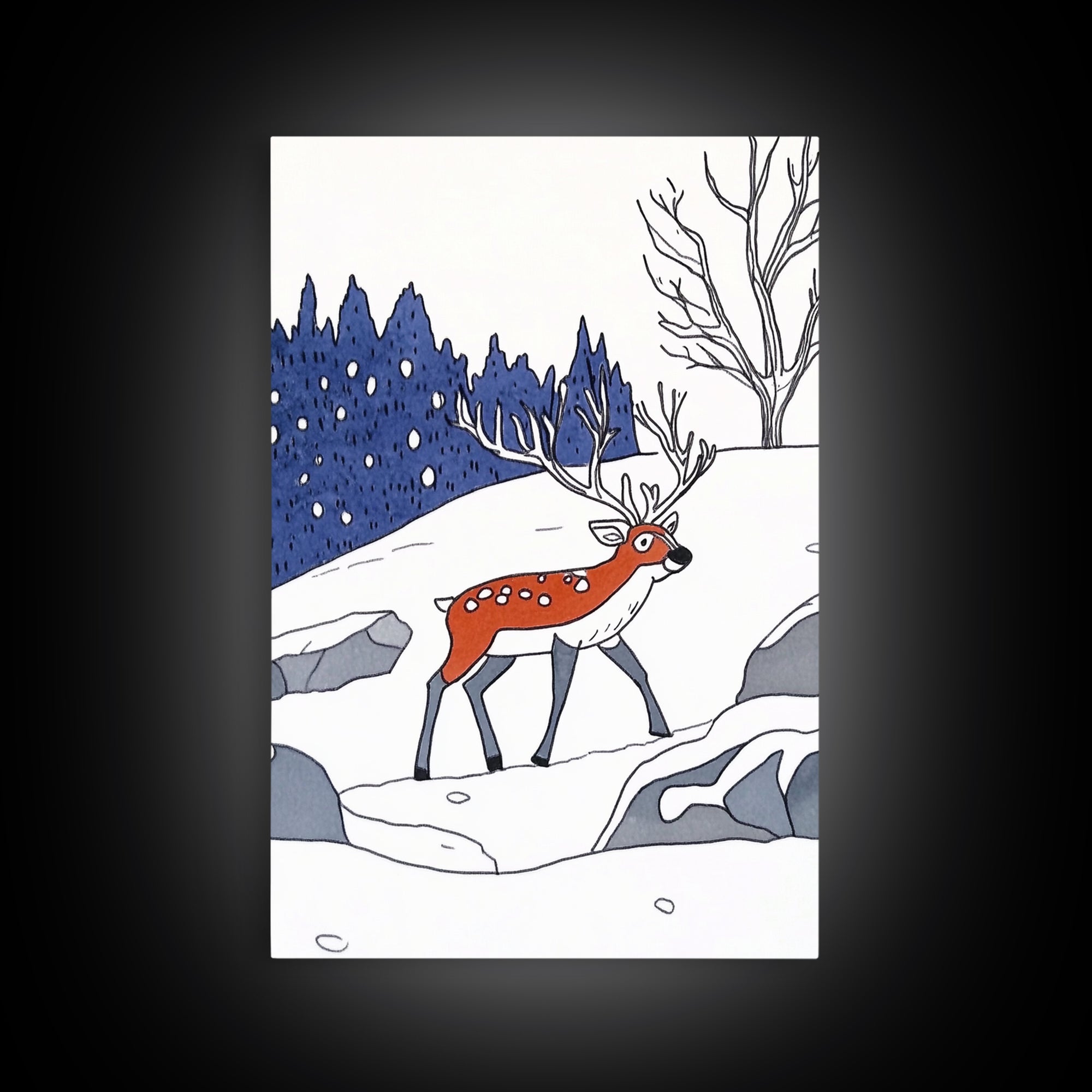 Red Reindeer In Snowy Forest Wall Art, Whimsical Winter Nursery Print, Woodland Animal Decor, Christmas Gift For Kids Room Decor