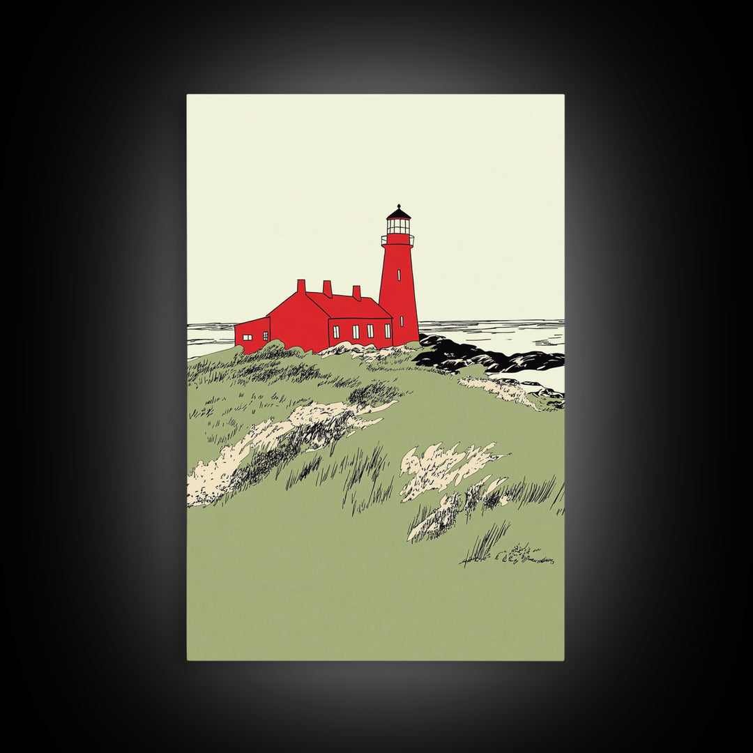 Red Coastal Lighthouse Canvas Print, Nautical Beach House Wall Art, Seascape Landscape Poster, Ocean Home Decor Gift For Her