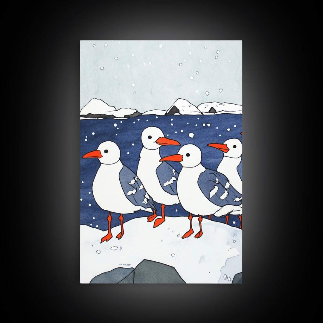Arctic Seabirds On Snowy Shore Wall Art, Coastal Bird Print, Ocean Nursery Decor, Winter Wildlife Canvas Print Gift For Kids Room